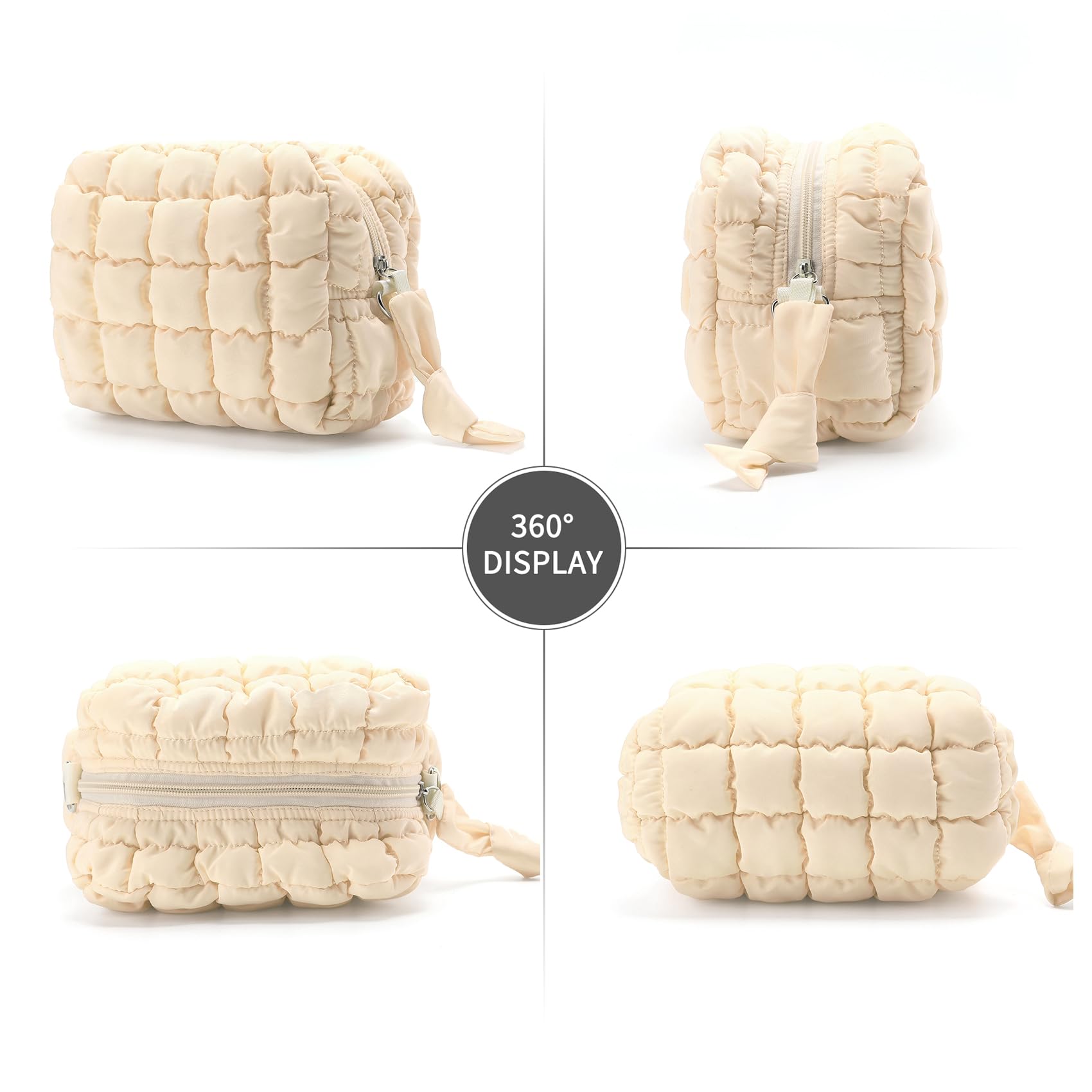 FDINF Puffy Quilted Makeup Bag Small Puffer Bag Cosmetic Bags Travel Toiletry Purse for Women, Cute Organizer Pouch, Beige