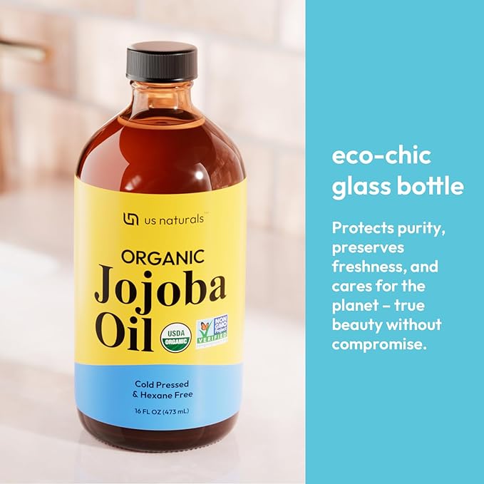 Us Naturals Organic Jojoba Oil 16 oz in Glass Bottle - USDA Certified Organic & Non-GMO, 100% Pure Cold Pressed, Unrefined, Hexane-Free Carrier Oil for Hair, Skin, Nails & Massage