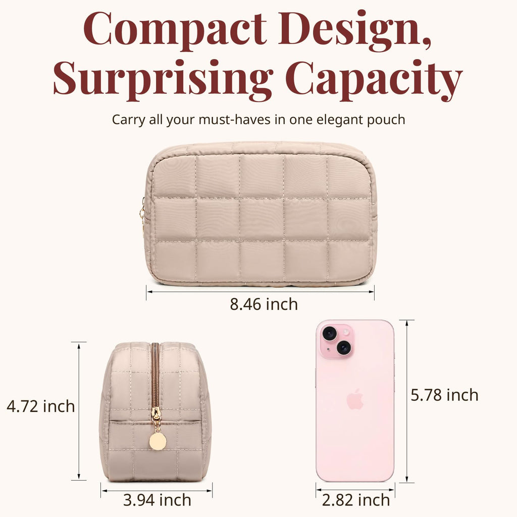 LOVELYWIND Makeup Bag, Quilted Puffy Travel Toiletry Bag with Compartments, Wide-Open Cosmetic Bag for Women, Pouch Purse Organizer, Camel