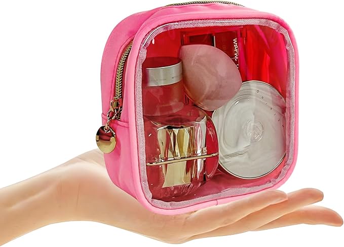 TotePrint 2PCS Pink clear Cosmetic Pouch Travel Cosmetic Case 5x5x2 inch Small Transparent Toiletry Pouch with Zipper Portabble Makeup Organizer for Women and Essentials