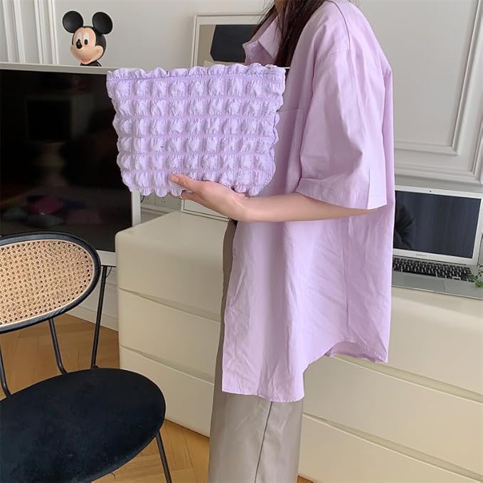Flat Makeup Bag for Women,Zipper Cosmetic Pouch for Purse,Bubble Purple