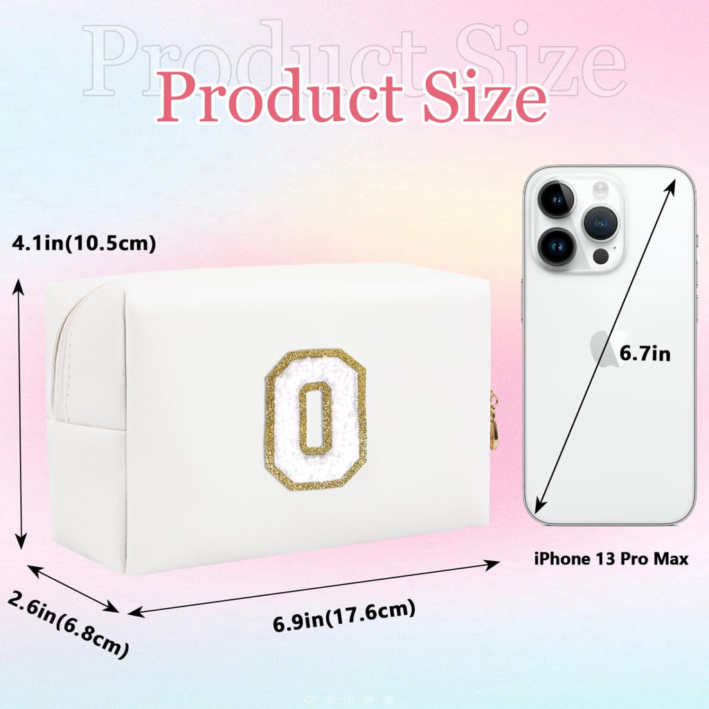 Small Personalized Letter Makeup Bag, Cute PU Leather Chenille Letters Cosmetic Bag Travel Makeup Pouch, Preppy Travel Organizer Zipper Pouch for Women&Girls（White-O）