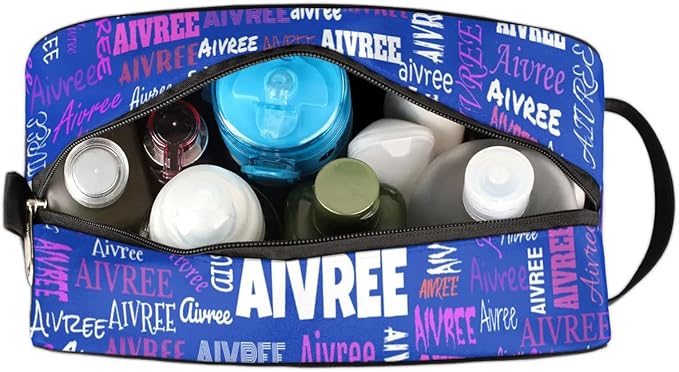 KFNHN Custom Name Makeup Travel Bag, Royal Blue Background Colorful Names