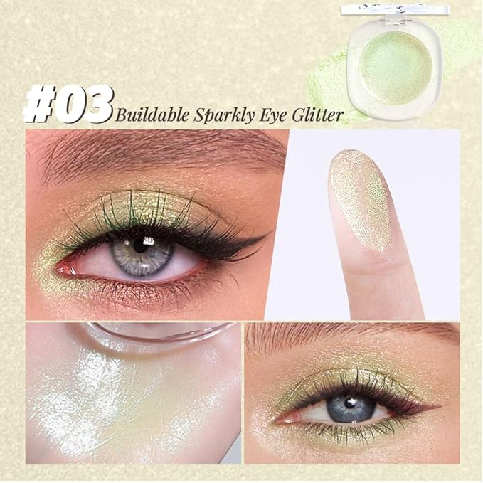 FeiCuiYun Light Green Cream Glitter Shimmer Metallic Eyeshadow Palette Makeup, Natural Single Mini Instant Holographic Eyeshadow For Women Halloween Birthday Party Wear, Sombras Crema Para Ojos
