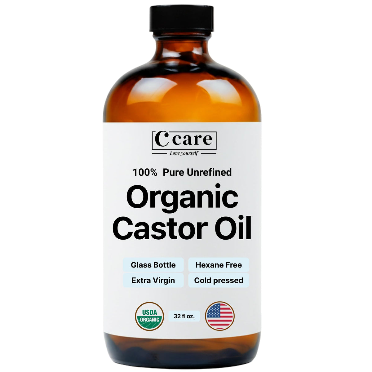 Castor Oil 100% Pure Organic Cold Pressed Unrefined Glass Bottle | USDA Certified Organic | Hexane Free Extra Virgin | for Hair Growth Eyebrows Eyelashes Skin and Castor Oil Pack Wrap