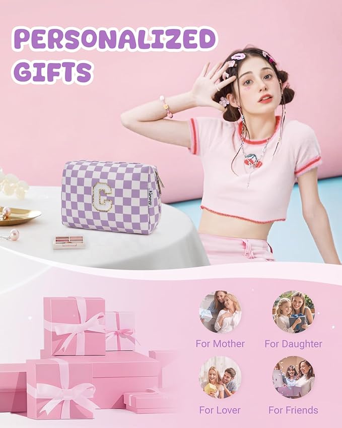 Narwey Birthday Gifts for Women Teen Girls Kids Personalized Initial Makeup Bag Monogram Preppy Cosmetic Bag Trendy Stuff 6 8 10 11 12 13 14 16 18 Years Old Travel Toiletry Bag (Purple C)