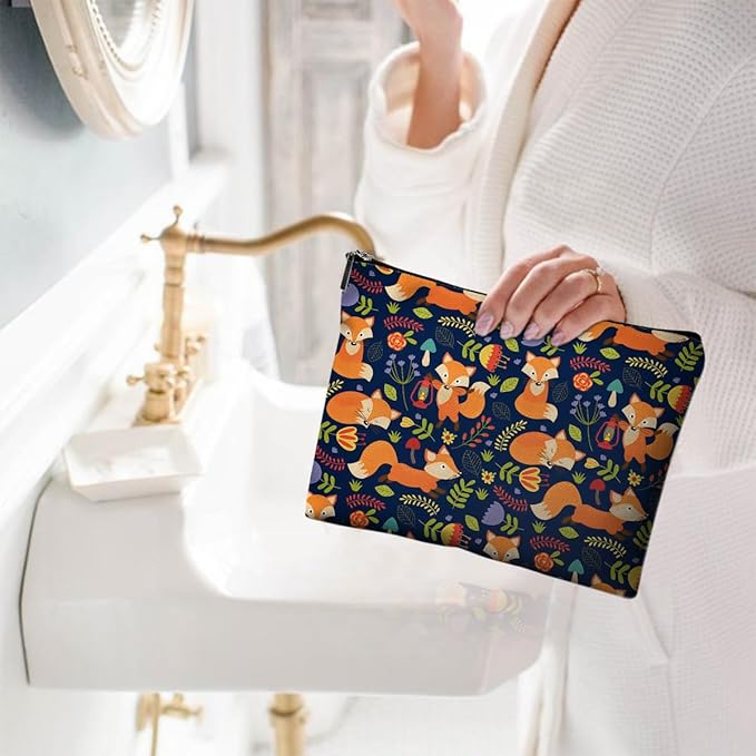 Givotin Small Makeup Bag for Purse Cute Canvas Waterproof Cosmetic Bags for Women Zipper Travel Toiletry Pouch-Fox Makeup Bags