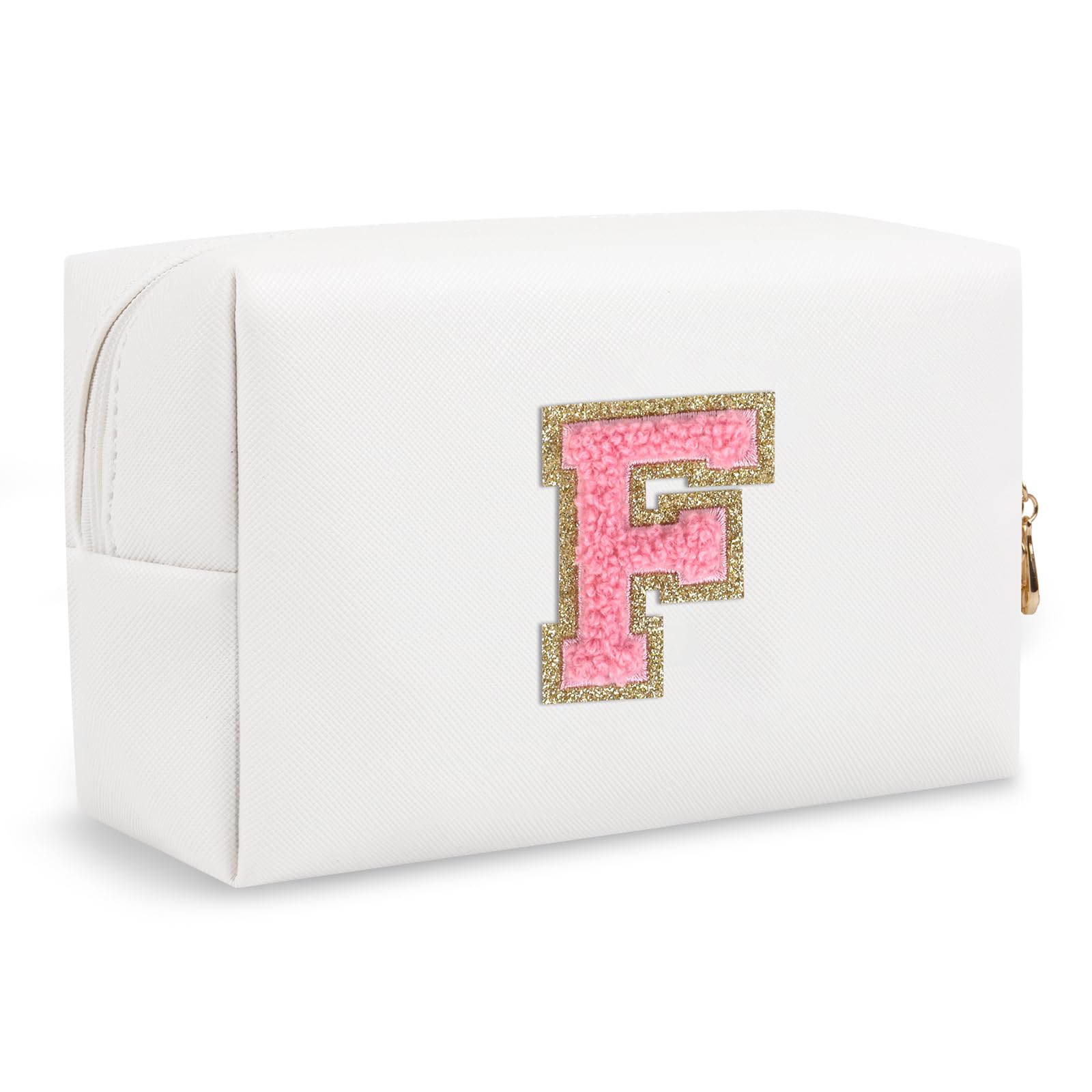 Small Initial Preppy Makeup Bag, Personalized Travel Cosmetic Organizer Chenille Letter White Toiletry Zipper Pouch, Portable Waterproof Makeup Case Gifts for Friends Female Friendship(Letter F)