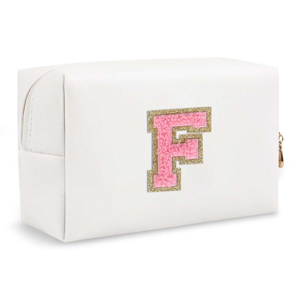 Small Initial Preppy Makeup Bag, Personalized Travel Cosmetic Organizer Chenille Letter White Toiletry Zipper Pouch, Portable Waterproof Makeup Case Gifts for Friends Female Friendship(Letter F)