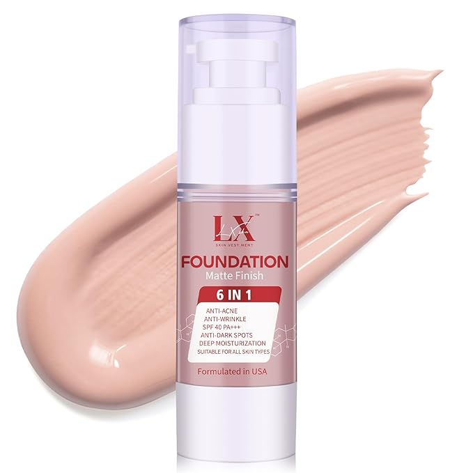 LXSKN 6-in-1 Makeup Infused with 1% Hyaluronic Acid- Matte + Poreless Liquid Foundation For A Glowing & Soft-Focus Look, Suitable for All Skin Types (408 Deep, Moisturizing Foundation)