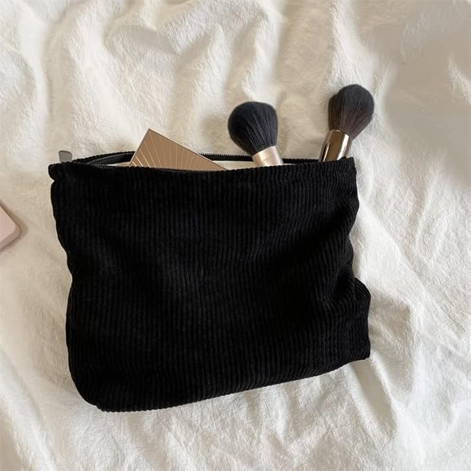 Flat Makeup Bag for Women,Zipper Cosmetic Pouch for Purse,Corduroy Black