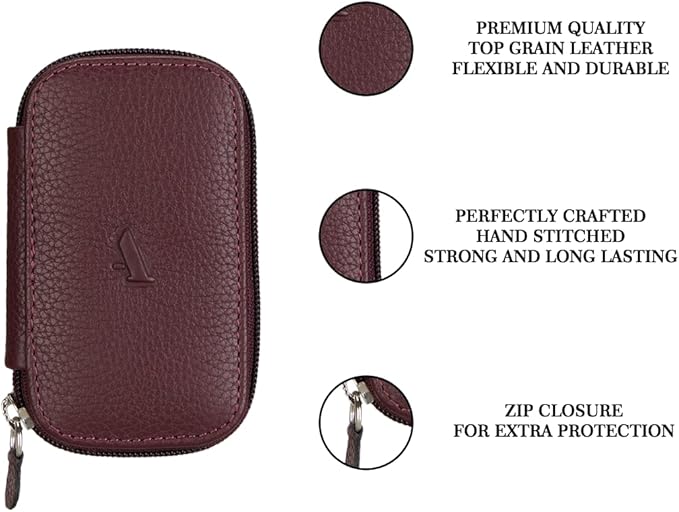 Adamis Full Grain Genuine Leather Keychain Holder Pouch, Key Case, Soft Strong and Compact Organizer and Wallet with Zip Closure for Extra Safety and 6 Key Holder Hooks in Wine
