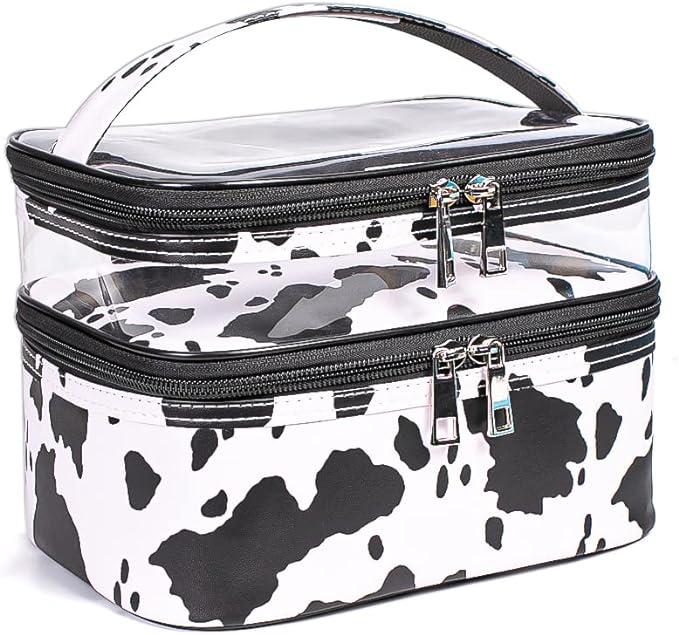 imerelez Double-layer Cosmetic Bag Makeup Bag Travel Makeup Bag Makeup Bags for Women Cosmetics Cases Portable Waterproof Foldable (Cow Print)