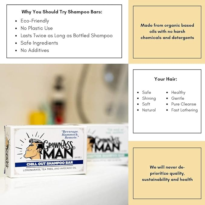 Grown Ass Man Co. - Solid Shampoo Bar Rich Lather 3 in 1: Hair, Beard & Body Wash - Plastic Free & Eco-Friendly, Natural & Organic Clean for All Hair Types, 4oz Bar (Chill Out, 6-Pack)