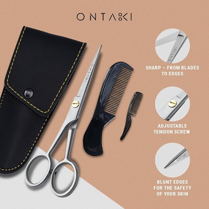 Ontaki Beard and Mustache Trimming Scissors & Combs for Men - 5" Silver