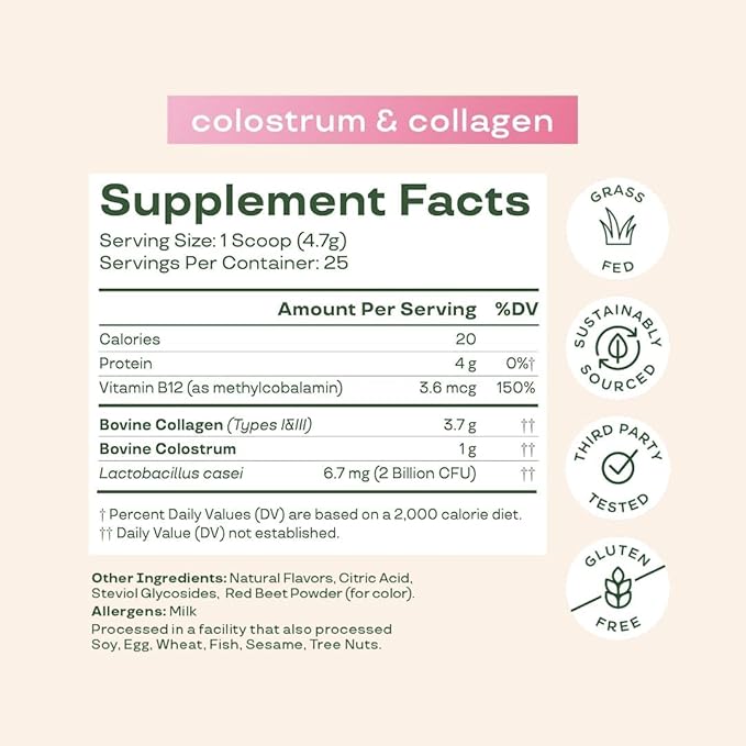 Bloom Nutrition Bovine Colostrum Powder, Unflavored, 25 Servings