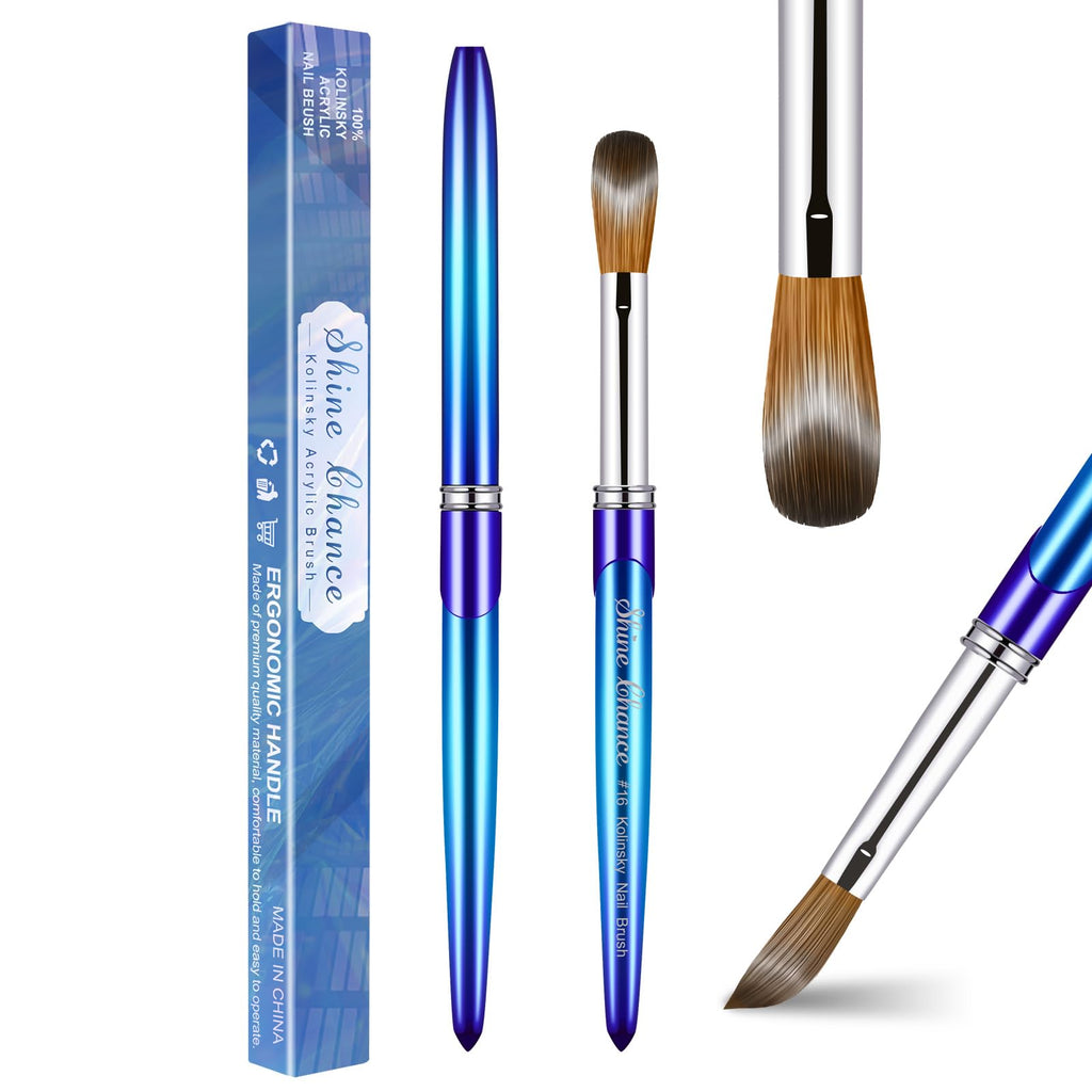 Shine Chance Acrylic Nail Brush Size 16, 100% Pure Kolinsky 3D Art Nail Brush with Gradient Blue Handle, Art Design Powder Nail Brush Pen for Nails Extension & Carving, Acrylic Application Tools