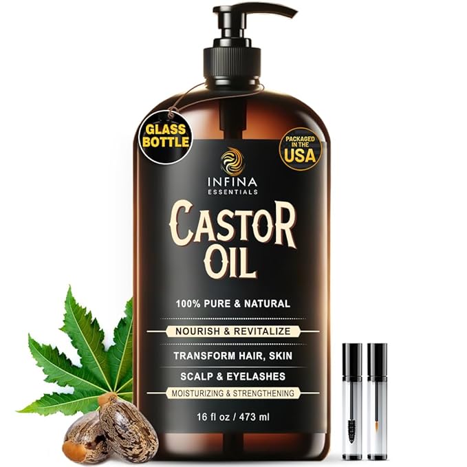 Pure Cold Pressed Castor Oil, Hexane Free Glass Bottle Unrefined, 16 fl oz