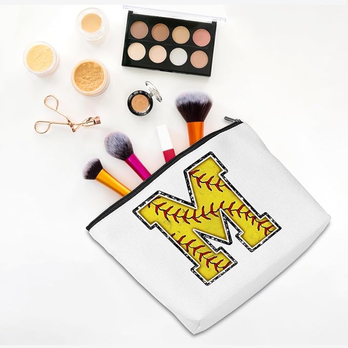 Softball Gifts Initial M Makeup Bag Softball Gifts for Team Cosmetic Bag