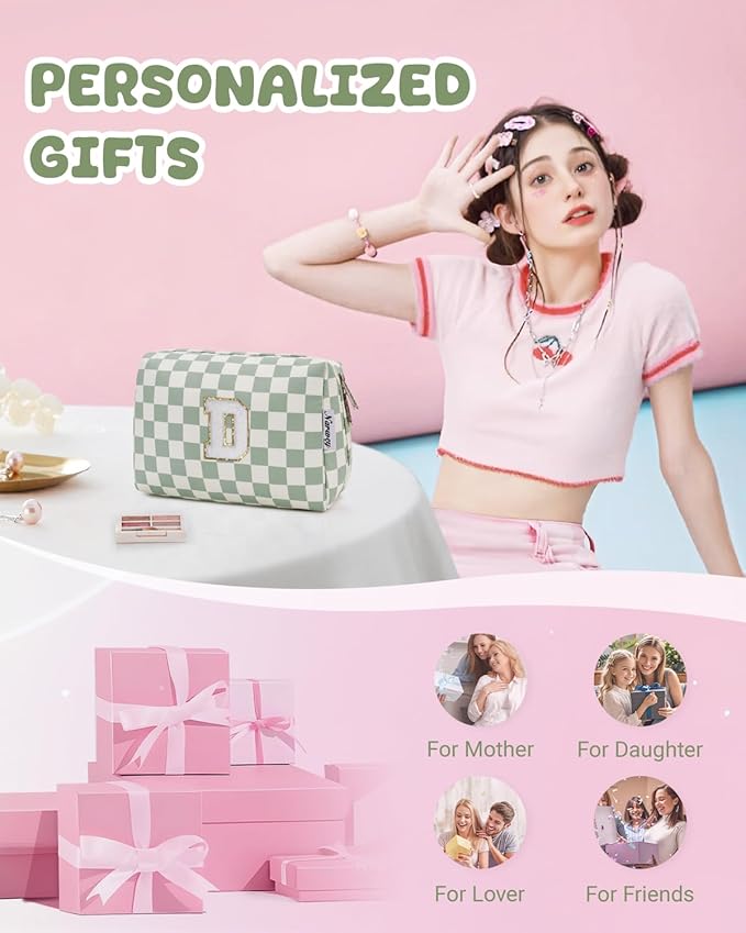 Narwey Birthday Gifts for Teen Girls Women Personalized Initial Checkered Makeup Bag Preppy Cosmetic Bag Trendy Stuff 6 8 10 11 12 13 14 16 18 Years Old Travel Toiletry Bag (Green Letter D)
