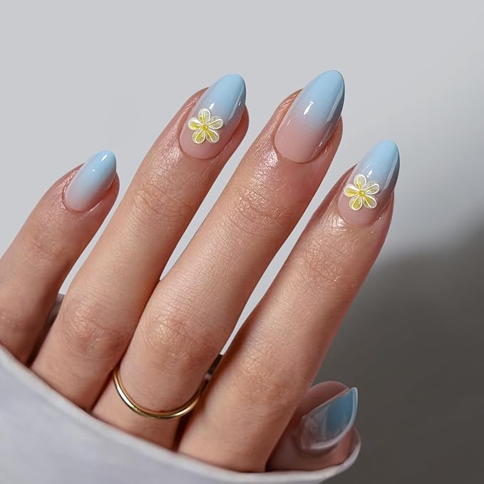 BTArtbox Press On Nails, Garden Party, Short Almond, Blue 3D Flower, 32Ct