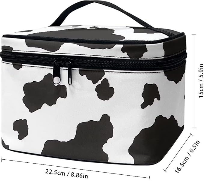 Drydeepin White Black Cow Cowhide Cute Print Portable Makeup Bags for Women Large Capacity Cosmetic Organizer and Storage Pouch with Zipper and Handle Travel Toiletry Accessories