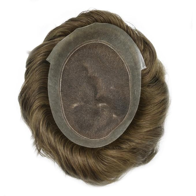 F M FACE MIRACLE NEW YORK French Lace Mens Toupee Hairpieces Soft Human Hair Replacement System Natural Hairline Toupee for Men Lace Center with Poly V-Looped Man hair Units 8"X10" 4# MEDIUM BROWN