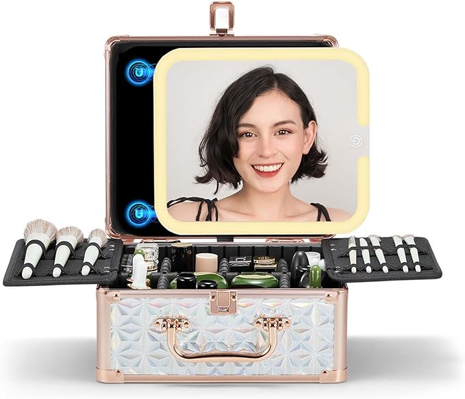 OMIRO Makeup Case, Makeup Bag with Light Up Mirror Set, Makeup Organizer Bag with Magnet Makeup Mirror for Women and Girls(Diamond Blue)