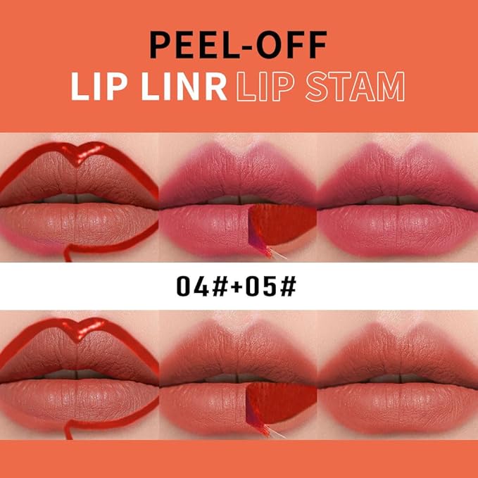 KXmzeG Matte Lip Liner Peel Off Lip Stain, Long Lasting Peel Off Lip Liner Stain, Peel-off Lip Gloss For All Skin Types, Transfer-proof Highly Pigmented Color Waterproof, (04#+05#, Pack of 2)