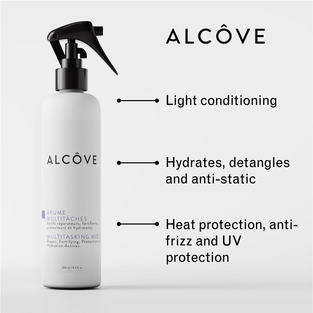 Alcôve - Multitasking Mist - all Hair Types - 10 in 1 Moisturing Mist - Anti-frizz - Leave-in-treatment - Hydrate and Repair - Sun, UV and Heat Protection - Avocado Oil - Color-Safe - 8.5 oz