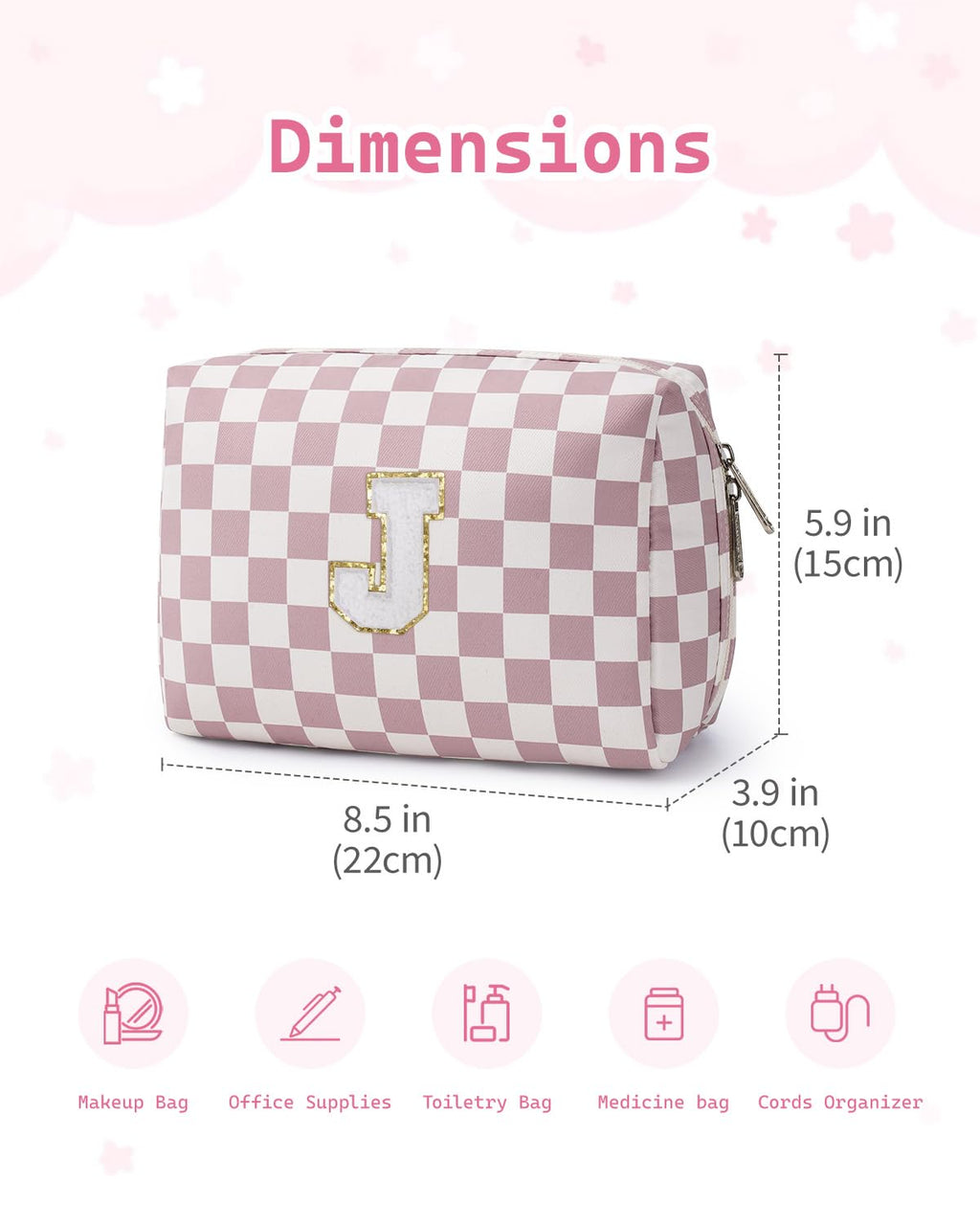 Narwey Birthday Gifts for Teen Girls Kids Women Personalized Initial Checkered Makeup Bag Pink Monogram Cosmetic Bag Trendy Stuff 6 8 10 11 12 13 14 16 18 Years Old Travel Toiletry Bag (Dusty Rose J)