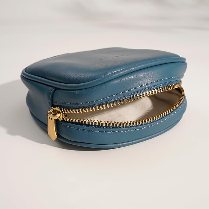 Benfan Leather Cosmetic Bag for Women Small Zipper Makeup Bag for Purse Waterproof Travel Makeup Organizer Charger Storage Pouch Color Blue