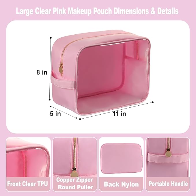 YogoRun Clear Large Makeup Bag Travel Essentials Toiletry Bag Cosmetic Pouch Gifts for Women Nylon Bathroom Bag XL, Light Pink