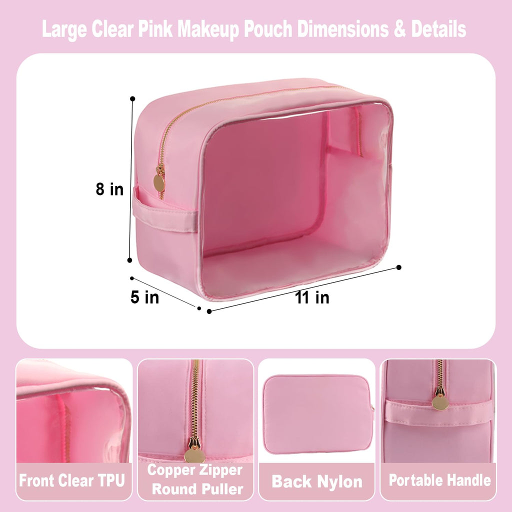 YogoRun Clear Large Makeup Bag Travel Essentials Toiletry Bag Cosmetic Pouch Gifts for Women Nylon Bathroom Bag XL, Light Pink