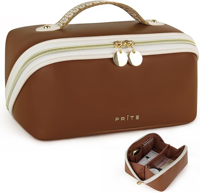 Prite Makeup Bag Travel Toiletry Bag Open Flat Cosmetic Organizer for Women