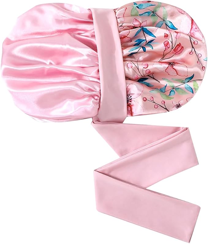 GDTOGRT Satin Silk Bonnet for Sleeping Women, Double Layer Sleep Hair Bonnets Caps for Curly Natural Hair with Tie Band - Pink Floral