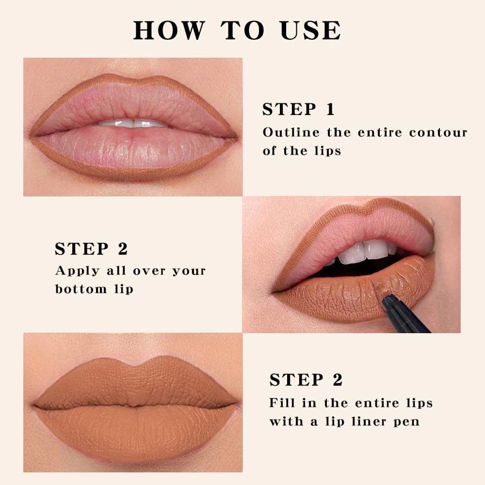 2Pcs Longwear Liquid Lip Liner Stain Marker Pen Set Long Lasting Waterproof, Mocha Nude Brown Matte Semi Permanent 24 Hour Lip Liner and Lipstick Combo, Color Stay Lipliner All Day Lips Stain peel off