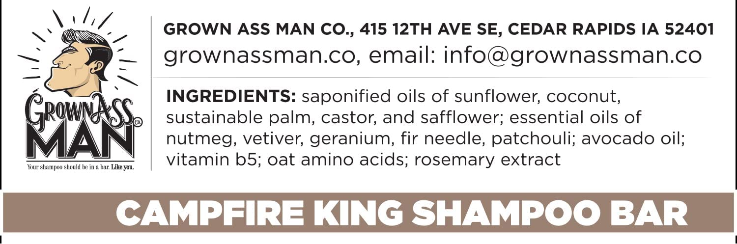 Grown Ass Man Co. - Solid Shampoo Bar Rich Lather 3 in 1: Hair, Beard & Body Wash - Plastic Free & Eco-Friendly, Natural & Organic Clean for All Hair Types, 4oz Bar (Campfire King, 6-Pack)