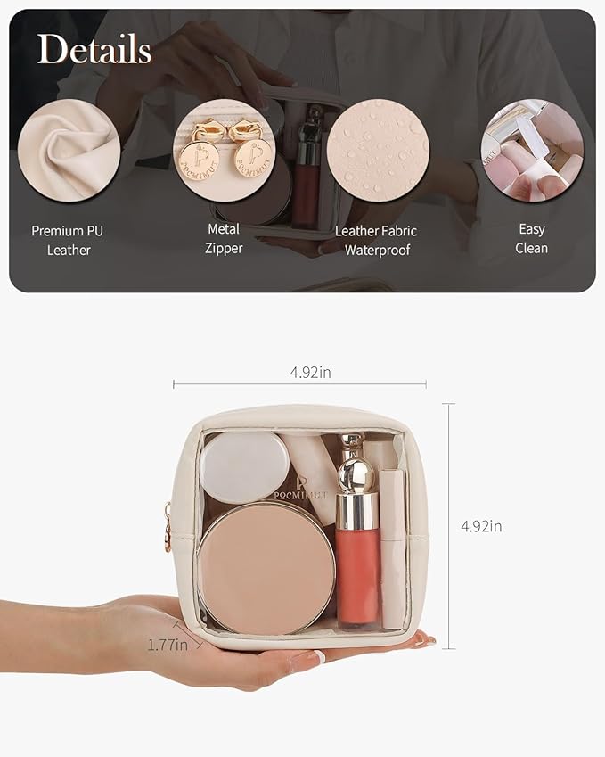 Pocmimut Clear Makeup Bag,Easy to Find Mini Makeup Bag for Purse,Travel Makeup Bag for Car, Compact Cosmetic Pouch for Daily Essentials,Beige