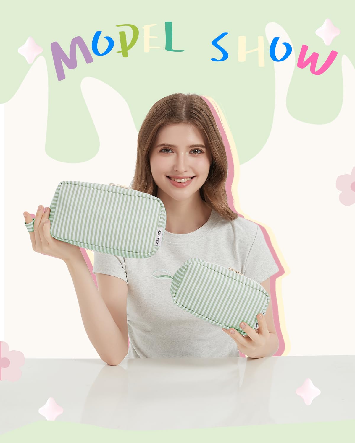 Narwey Small Makeup Bag for Purse Travel Makeup Pouch Mini Cosmetic Bag Zipper Pouch for Women (Mint Green Stripe, Small)