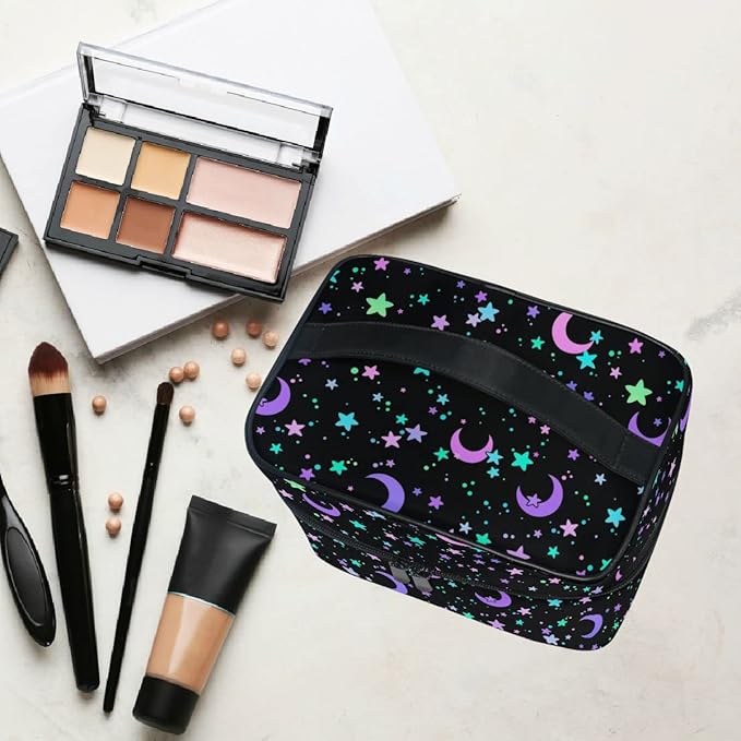 MNSRUU Makeup Bag, Crescents and Stars Makeup Organizer Bags Toiletry Bag Box Travel Cosmetic Bag Make Up Train Case for Women Teen Girl Ladies