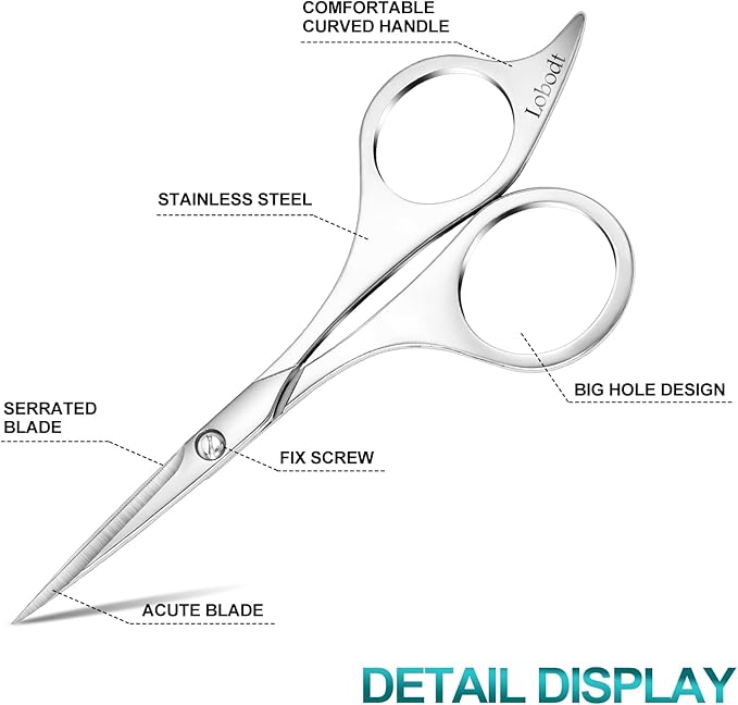 Lobodt Professional beard scissors, 4.9-inch (silver) small pointed stainless steel hairdressing scissors, Moustache Trimming，suitable for personal care and beauty of both men and women