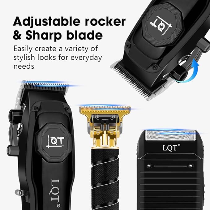 LQT 4-in-1 Men's Hair Clippers Kit, Includes Nose Hair Trimmer, Electric Shaver, and Engraving Trimmer, Wireless USB Rechargeable Grooming Set, Blue Ombre Design, Ideal Gift for Men (Black)