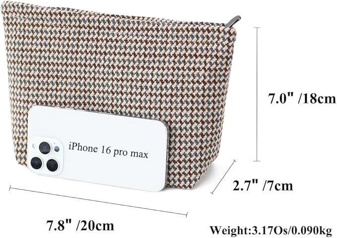 BBORGDC Large Capacity Plaid Tweed Makeup Bag - Travel Cosmetic Pouch & Toiletry Organizer with Zipper, Cloth Make Up Organizer for Daily Use, Gift for Women