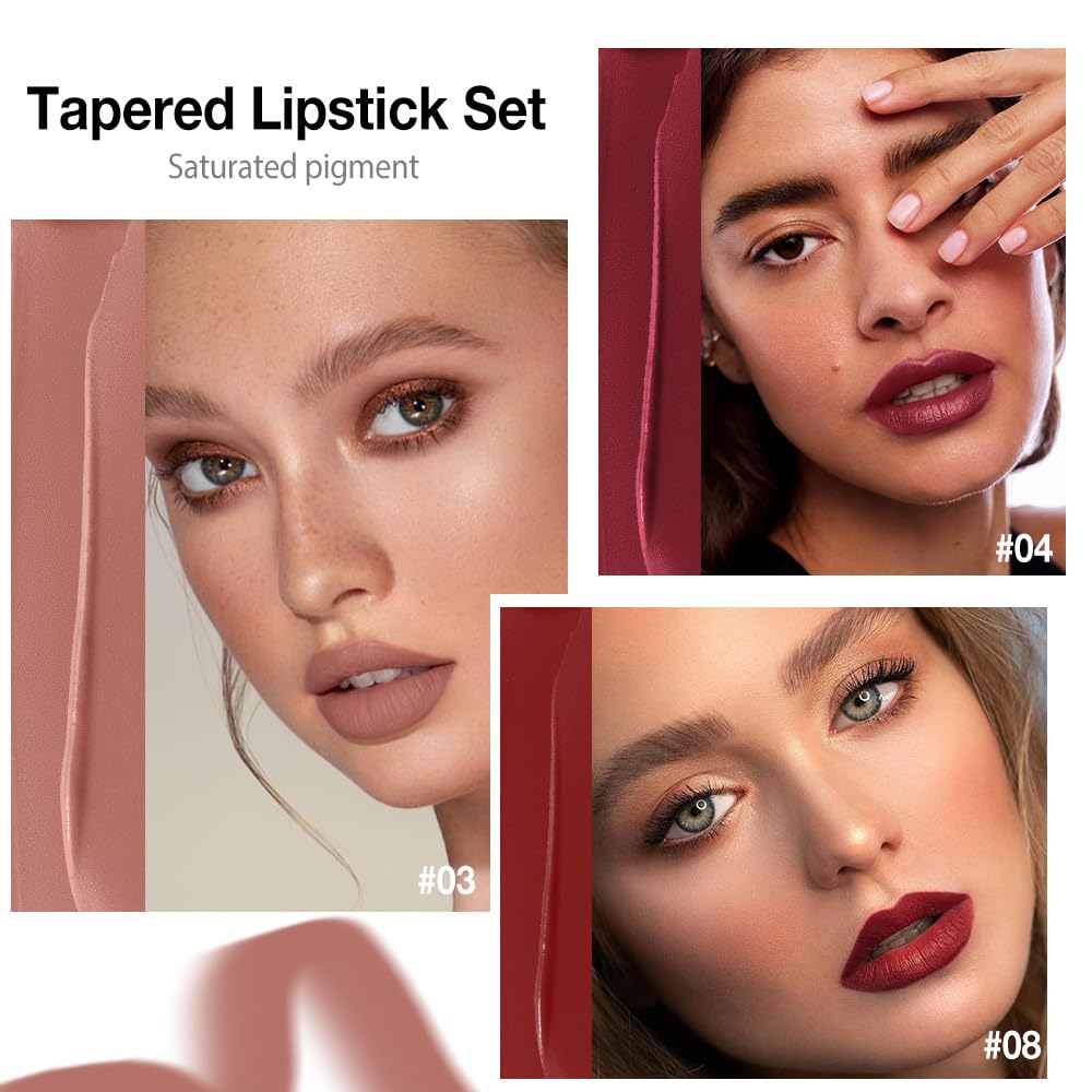 3Pcs Gradient Matte Lipstick Crayon Lip Liner pencil,Crayon Form and Cone Tip 2-in-1 Lip Liner and Lipstick Lip Combo Set Achieve Flawless Contour Gradual Ombre Effect lip Pencil for Old Women