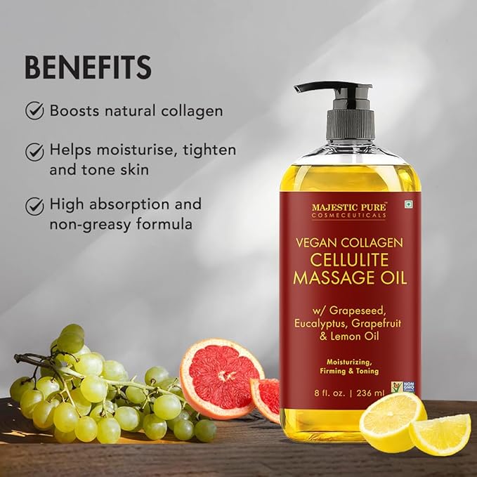 Majestic Pure Cellulite Massage Oil, Toning Body Blend, with Roller 8 Fl Oz