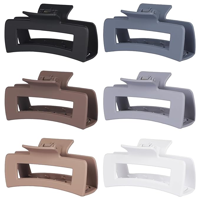Sisiaipu 4 Inch Big Hair Claw Clips 6 Pcs Large Claw for Thick Hair Square Hair Clips for Women Rectangle Hair Clips Nonslip Acrylic Banana Jaw Clips Hair Accessories for Girls (Brown Grey)
