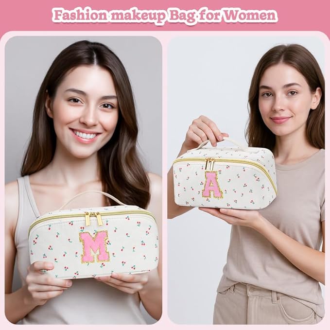 Personalized Travel Makeup Bag Set,Initial Travel Cute Cherry Makeup Organizer Bag,Toiletry Skincare Cosmetic Bag,Christmas Gifts for Women/Girls,Open Flat Toiletry Pouch with Brush Pocket-E