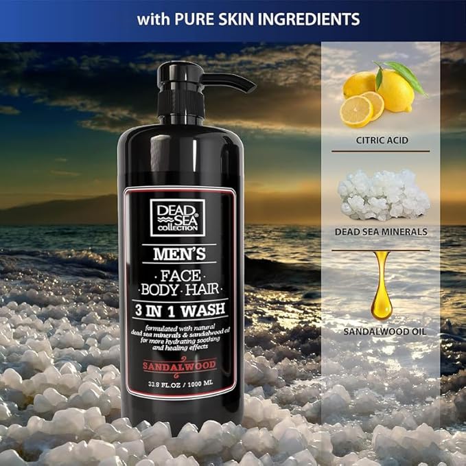 Dead Sea Collection Sandalwood Men’s Body Wash – 3 in 1 Body Wash for Men for Hair, Face & Body – Moisturizing Shower Gel with Dead Sea Minerals – Pack of 2 (33.8 fl oz each)