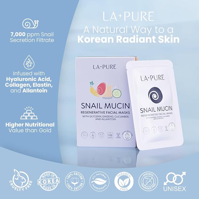 LA PURE Korean Snail Mucin Mask – Cruelty-Free – 10 Hydrating Sheet Masks